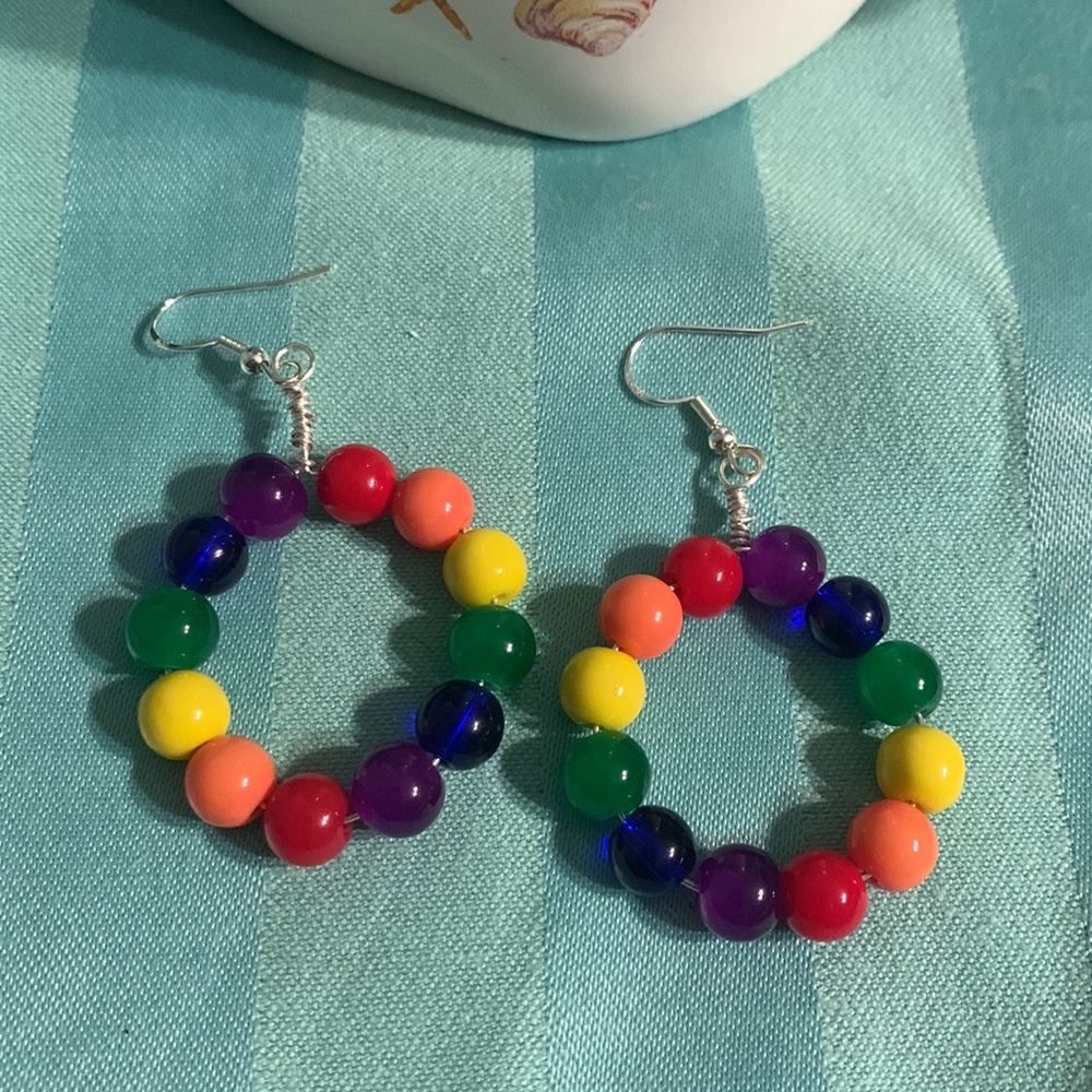 Rainbow Glass Beaded Hoop Earrings - Picture 5 of 7